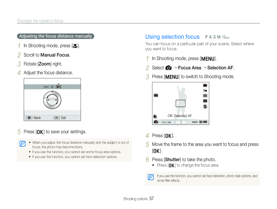 Samsung EX1 user manual Using selection focus p a S M d, Changing the camera’s focus, Adjusting the focus distance manually 