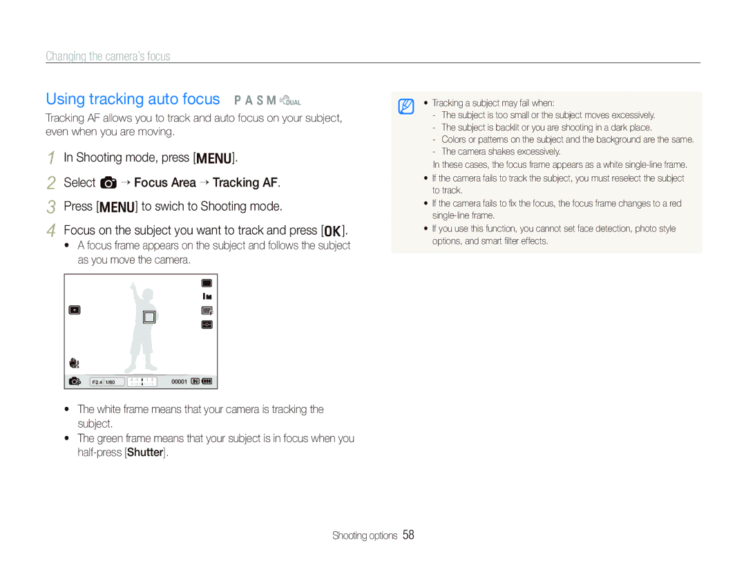 Samsung EX1 user manual Using tracking auto focus p a S M d 