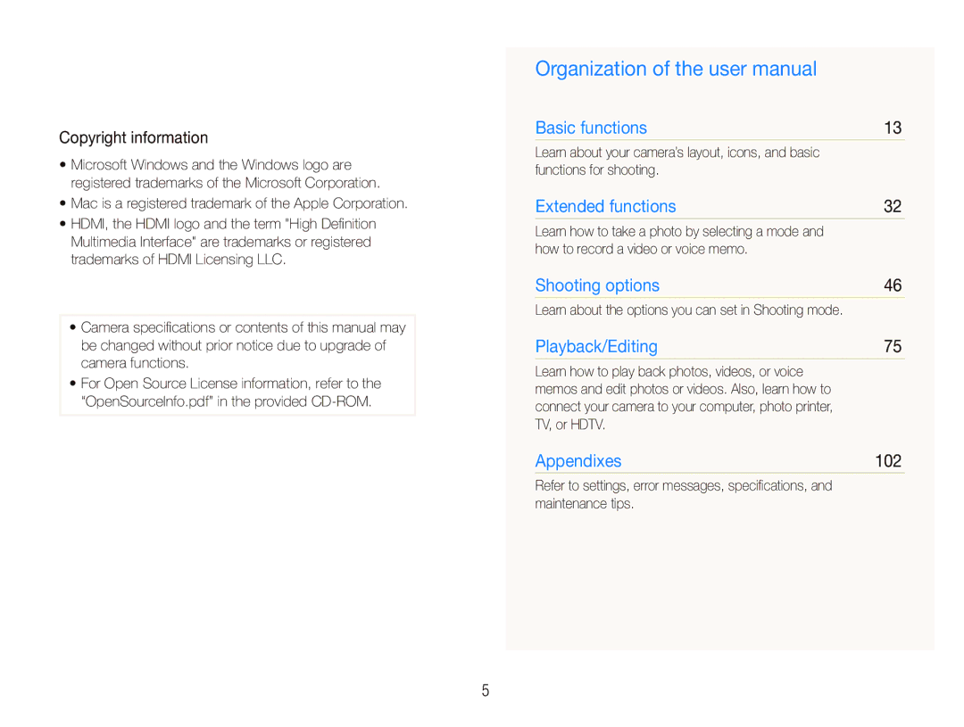 Samsung EX1 user manual Copyright information, 102 