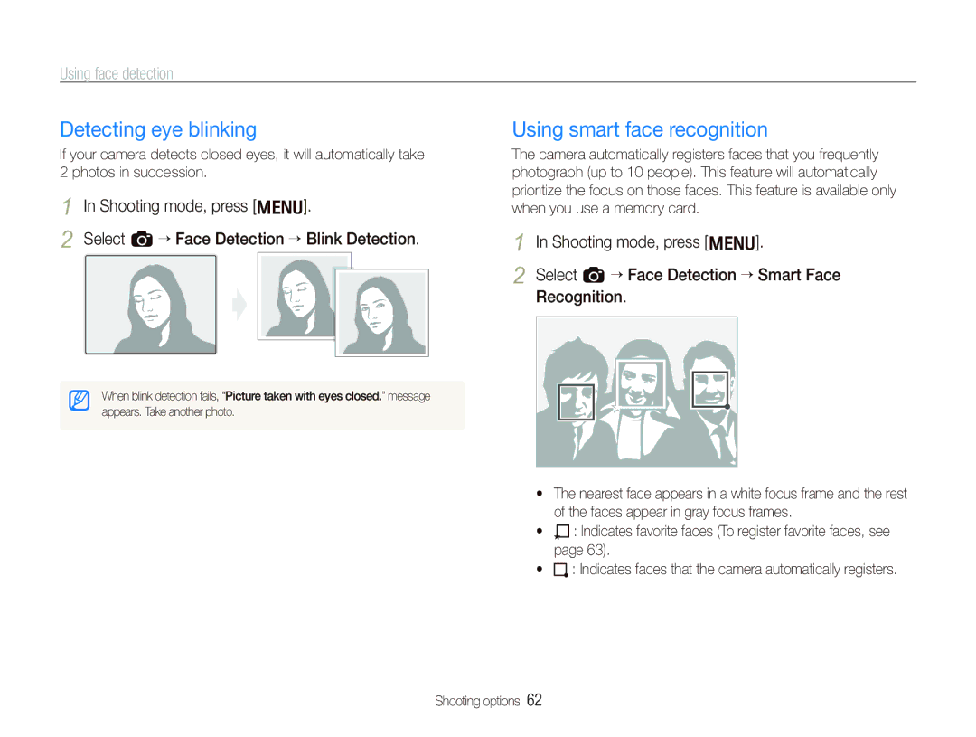 Samsung EX1 user manual Detecting eye blinking, Using smart face recognition 