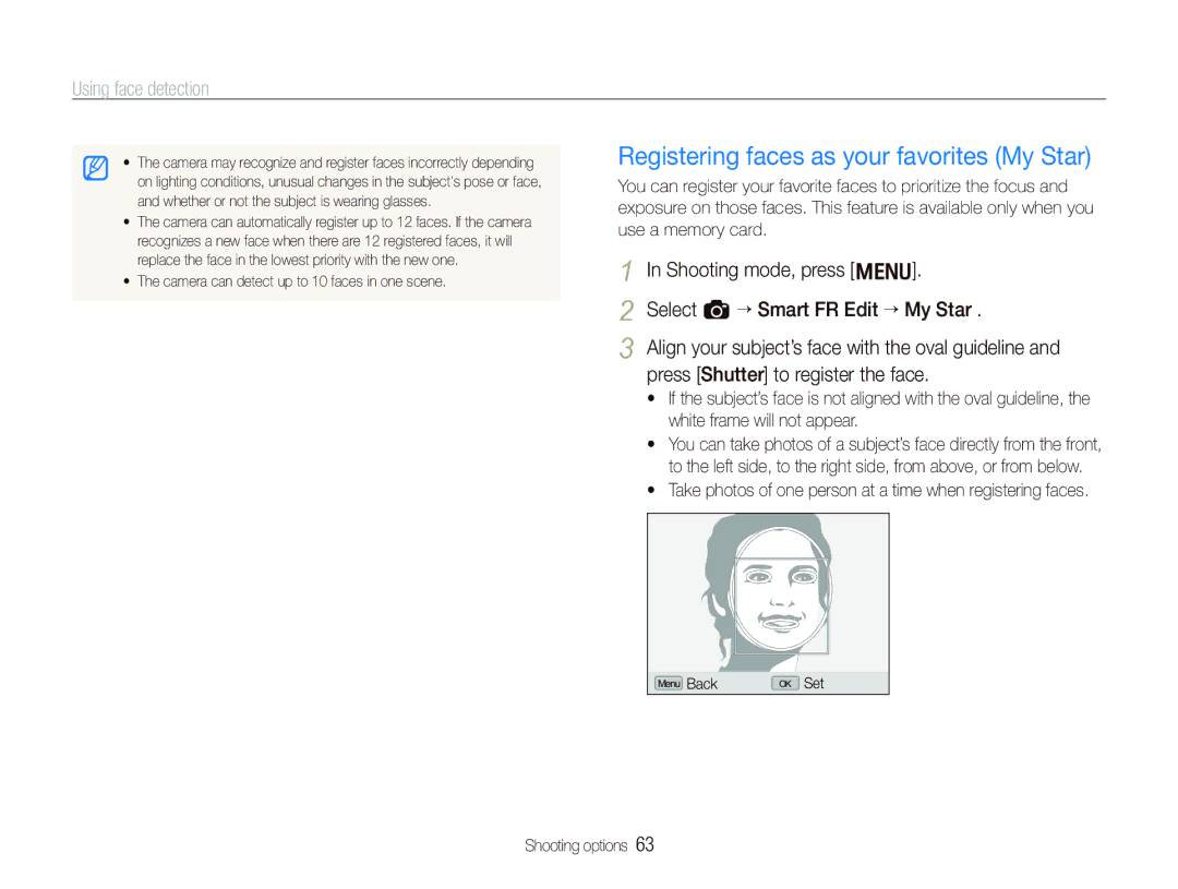 Samsung EX1 Registering faces as your favorites My Star, Shooting mode, press m Select a “ Smart FR Edit “ My Star 