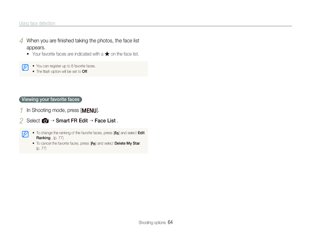 Samsung EX1 user manual Shooting mode, press m Select a “ Smart FR Edit “ Face List, Viewing your favorite faces 