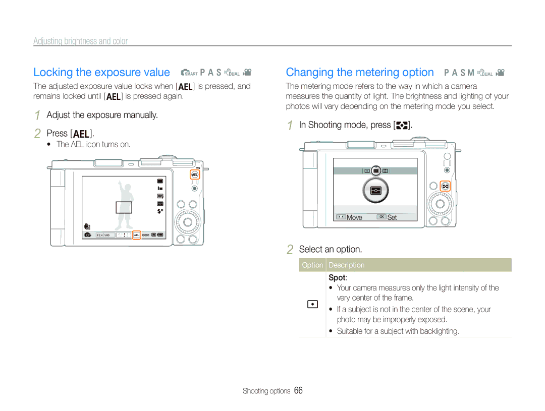 Samsung EX1 Locking the exposure value t p a S d, Changing the metering option p a S M d, Adjusting brightness and color 