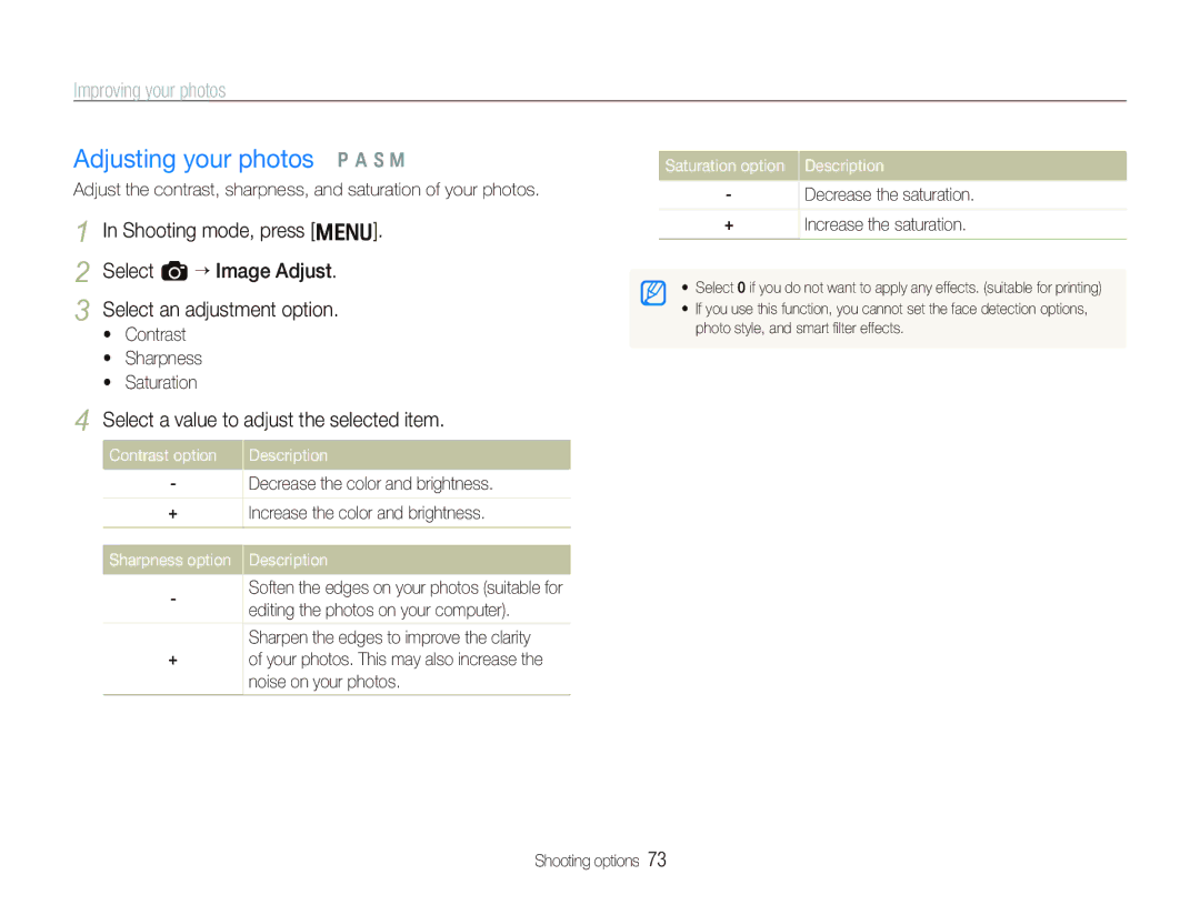 Samsung EX1 Adjusting your photos p a S M, Select a value to adjust the selected item, Saturation option Description 