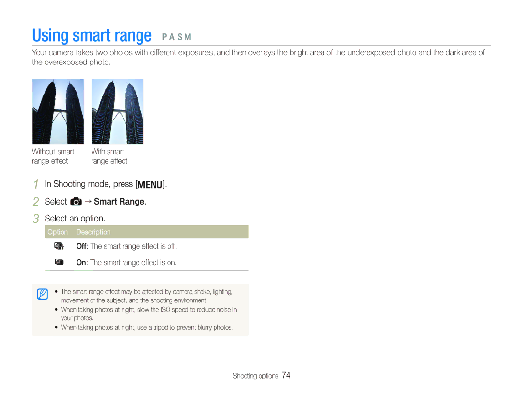 Samsung EX1 user manual Using smart range p a S M, Range effect 