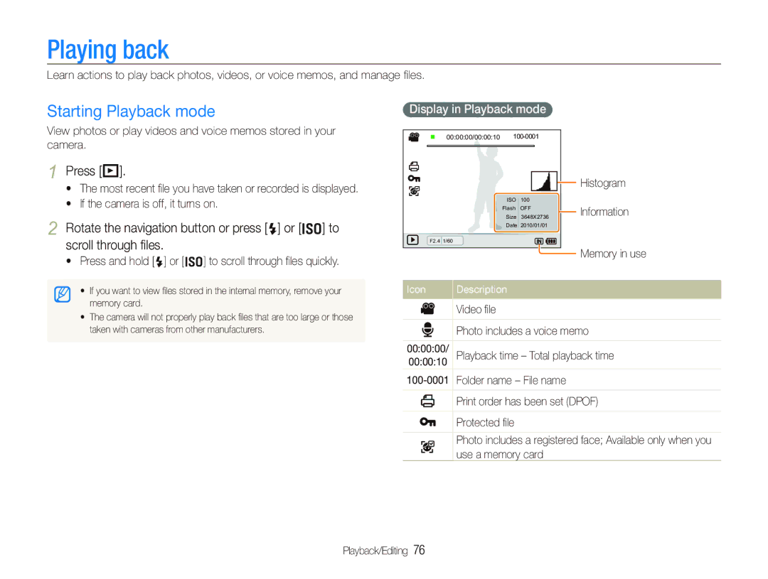 Samsung EX1 Playing back, Starting Playback mode, Press P,  Press and hold F or I to scroll through ﬁles quickly 