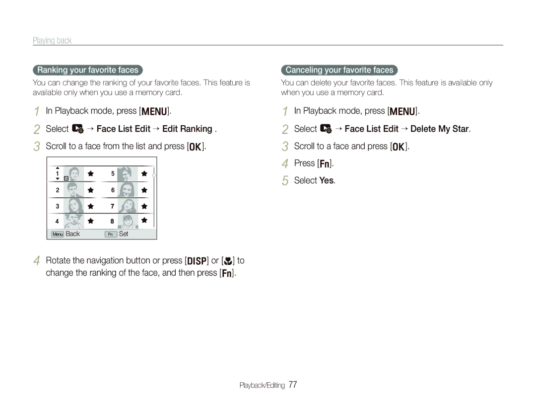 Samsung EX1 user manual Playing back, Playback mode, press m, Ranking your favorite faces, Canceling your favorite faces 