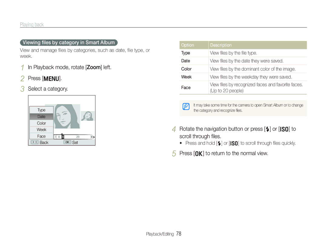 Samsung EX1 user manual Press o to return to the normal view, Viewing ﬁles by category in Smart Album 