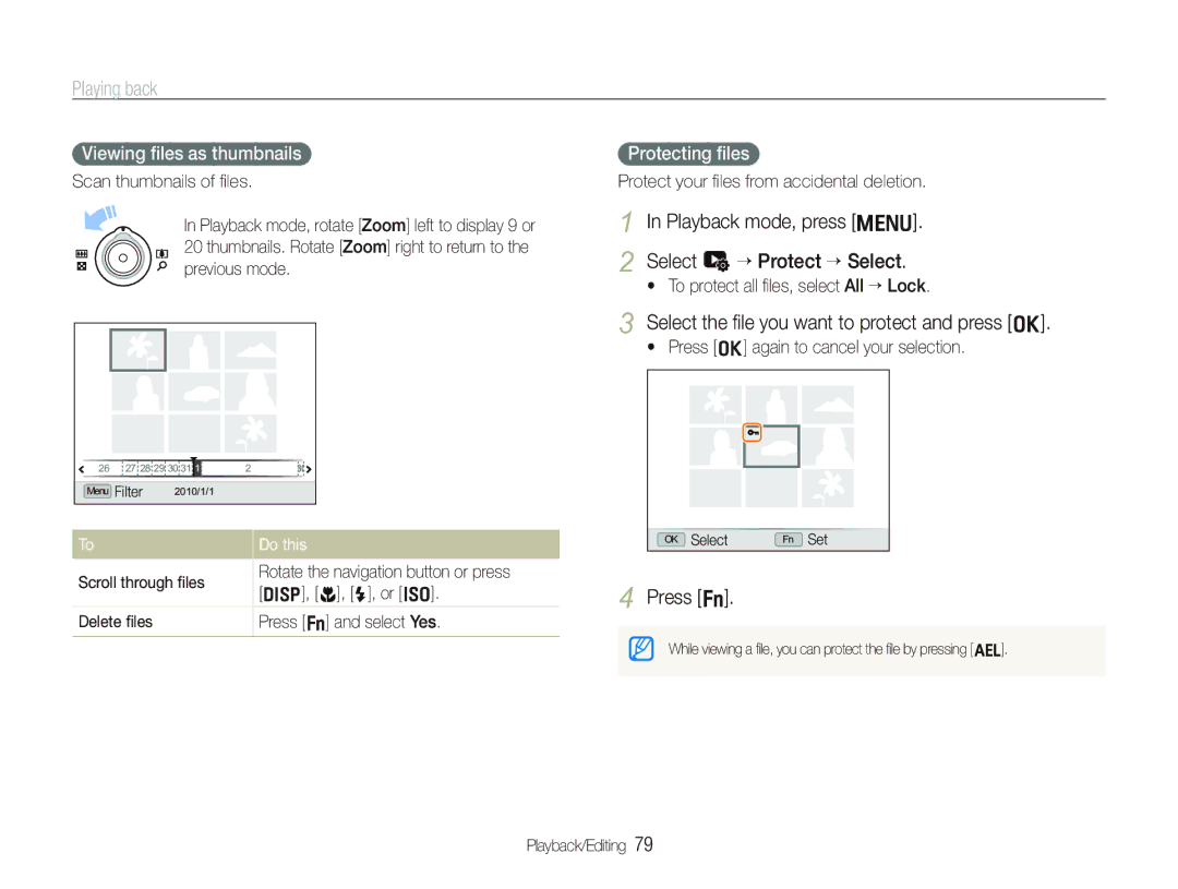 Samsung EX1 user manual Playback mode, press m Select u ““Protect ““Select, Select the ﬁle you want to protect and press o 