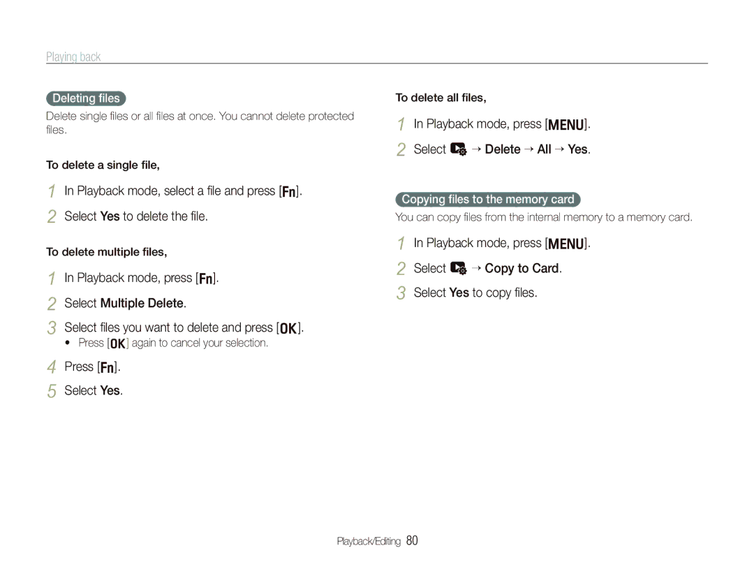 Samsung EX1 user manual Press f Select Yes, Playback mode, press m Select u “ Delete “ All “ Yes, Deleting ﬁles 