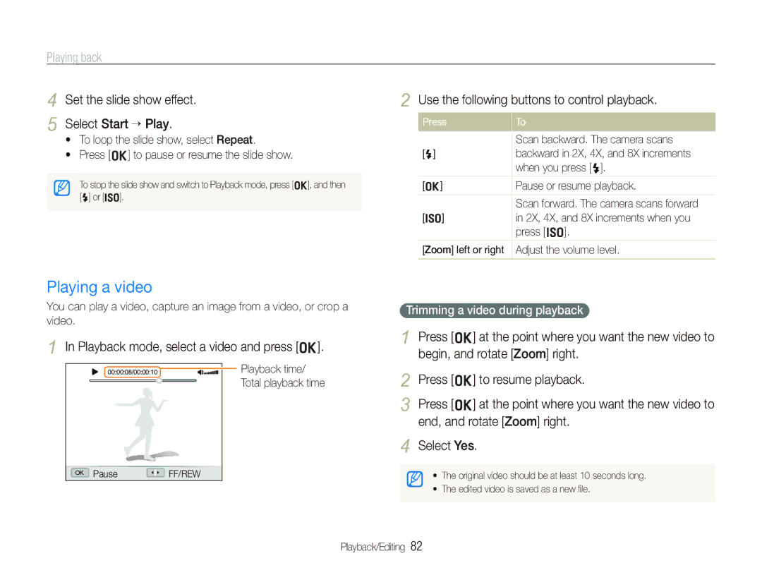 Samsung EX1 Playing a video, Set the slide show effect Select Start ““Play, Use the following buttons to control playback 