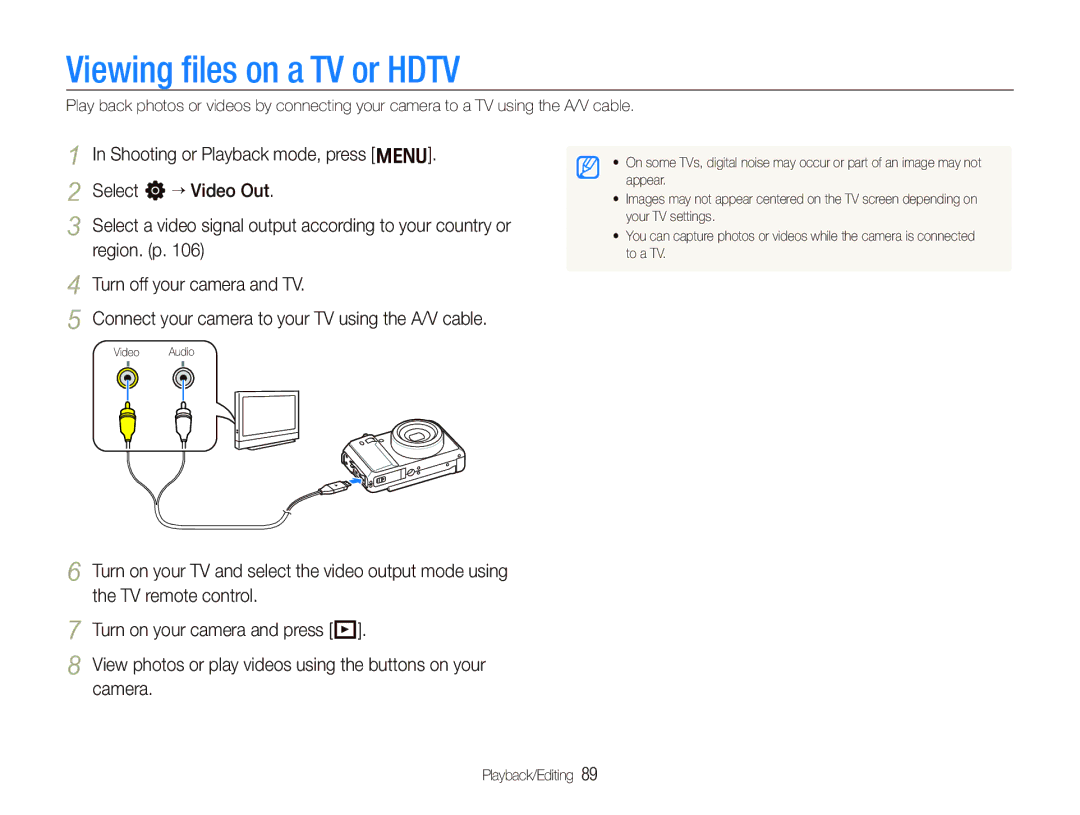 Samsung EX1 user manual Viewing ﬁles on a TV or Hdtv 