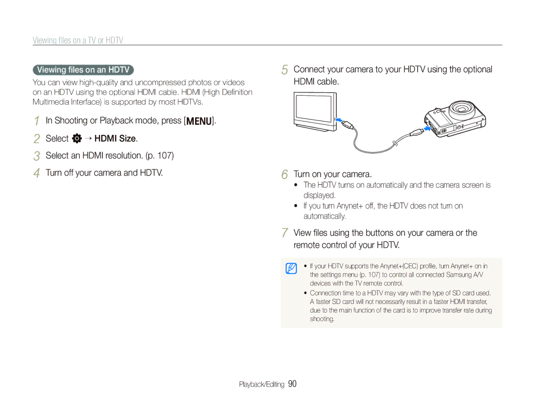 Samsung EX1 user manual Viewing ﬁles on a TV or Hdtv, Viewing ﬁles on an Hdtv 