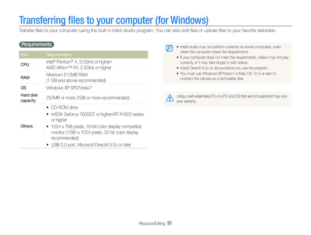 Samsung EX1 user manual Transferring ﬁles to your computer for Windows, Requirements 