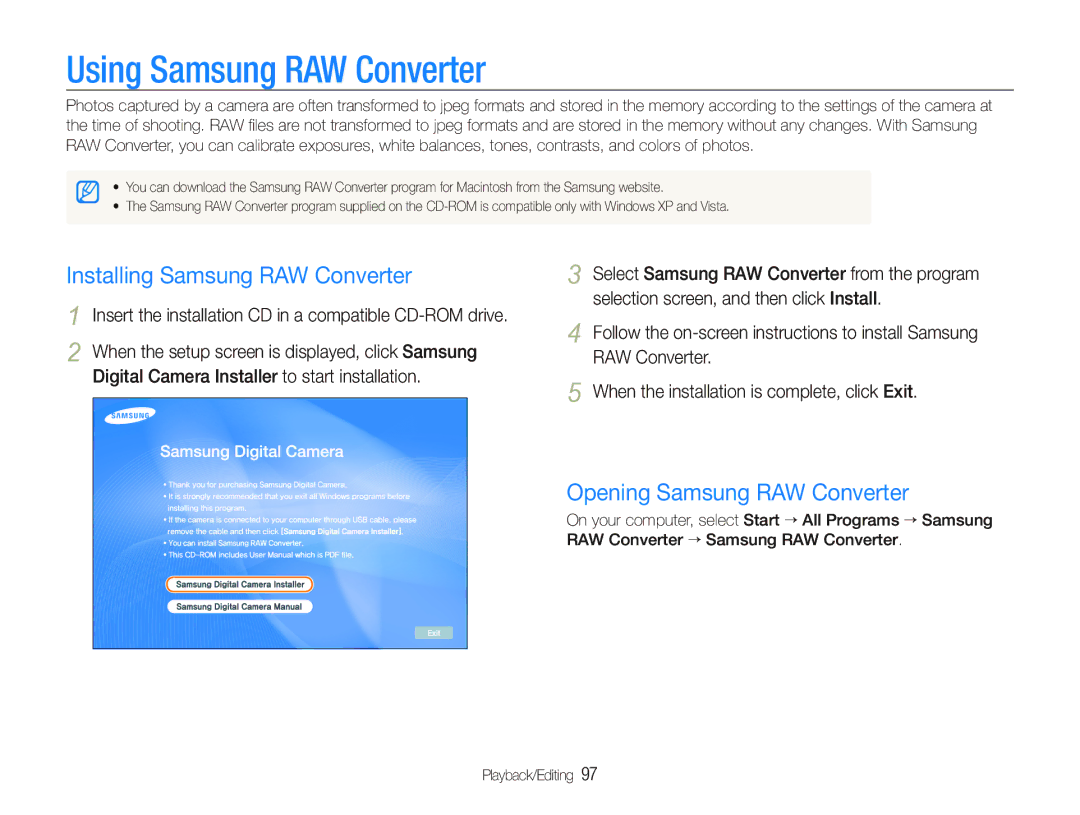 Samsung EX1 user manual Using Samsung RAW Converter, Installing Samsung RAW Converter, Opening Samsung RAW Converter 