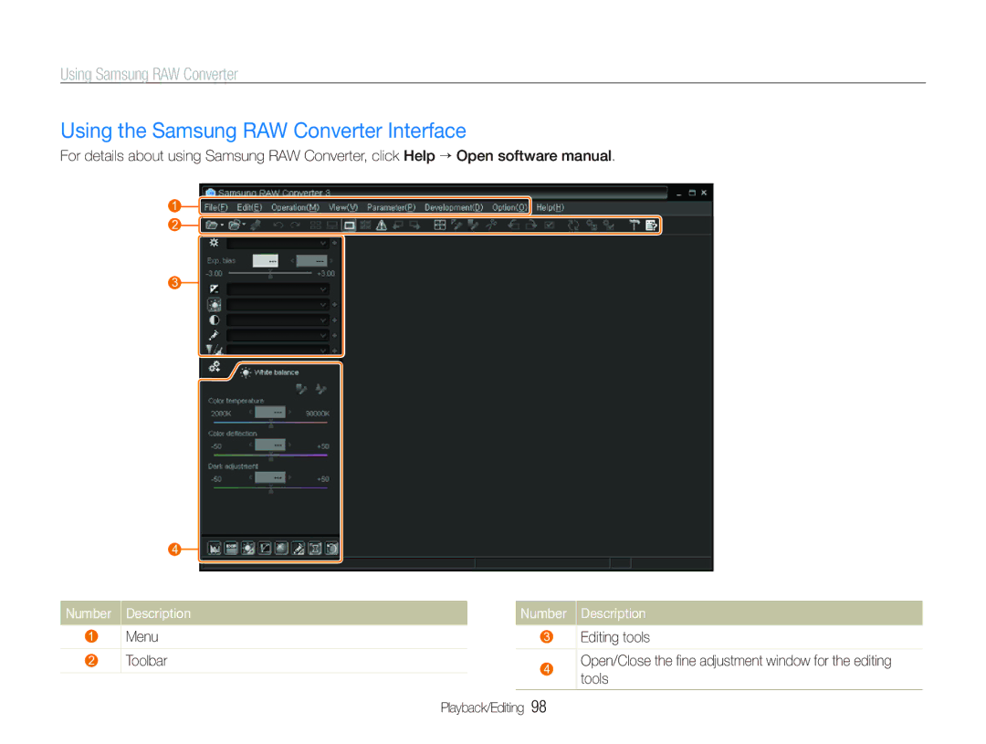Samsung EX1 Using the Samsung RAW Converter Interface, Using Samsung RAW Converter, Menu Editing tools Toolbar, Tools 
