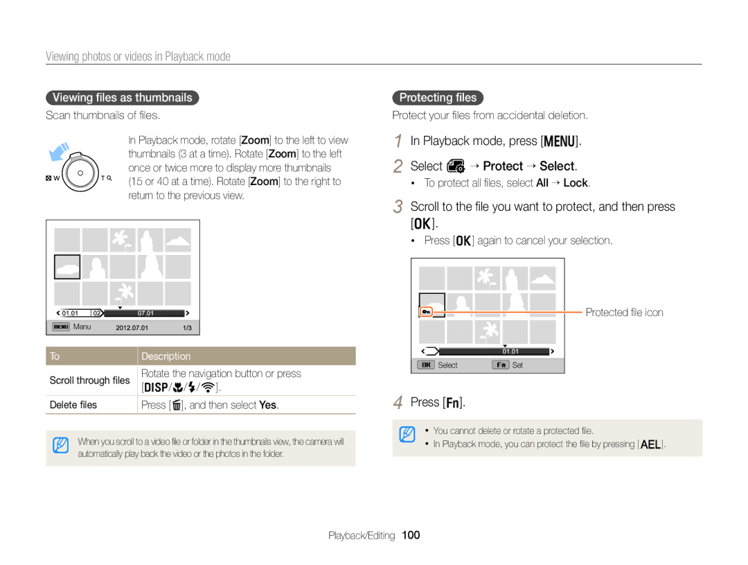 Samsung EC-EX2FZZBPBUS Playback mode, press m Select O “ Protect “ Select, Viewing ﬁles as thumbnails, Protecting ﬁles 