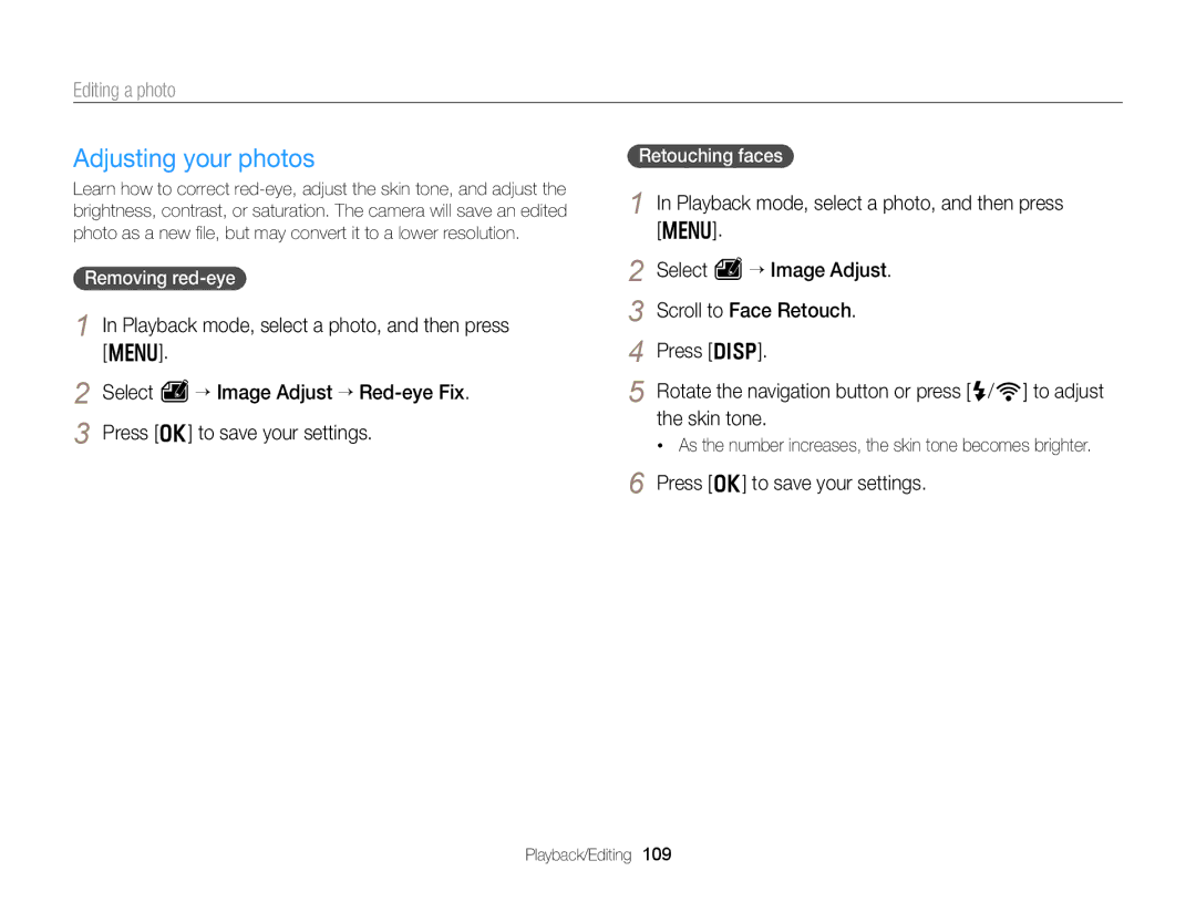 Samsung EC-EX2FZZBPBUS appendix Adjusting your photos, Removing red-eye, Retouching faces 