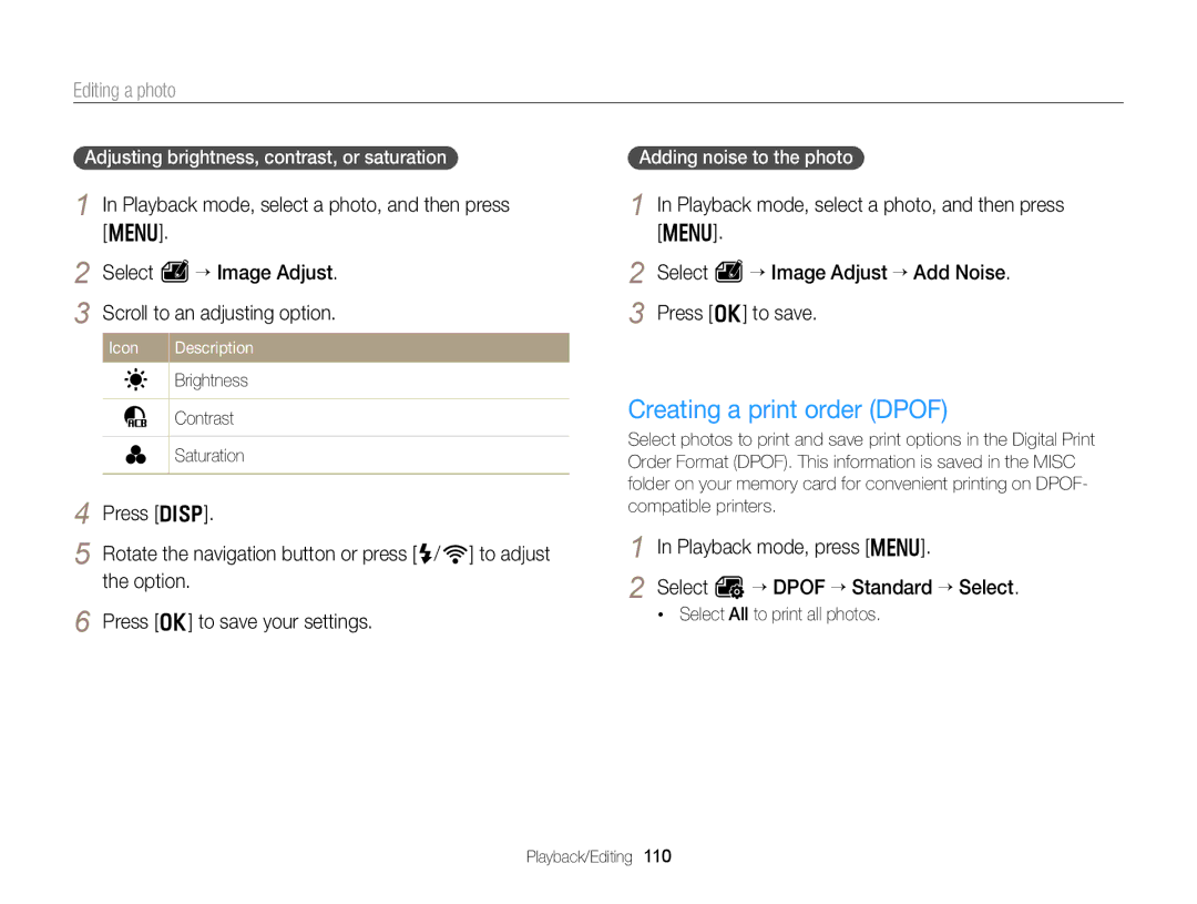 Samsung EC-EX2FZZBPBUS appendix Creating a print order Dpof, Playback mode, press m Select O “ Dpof “ Standard “ Select 