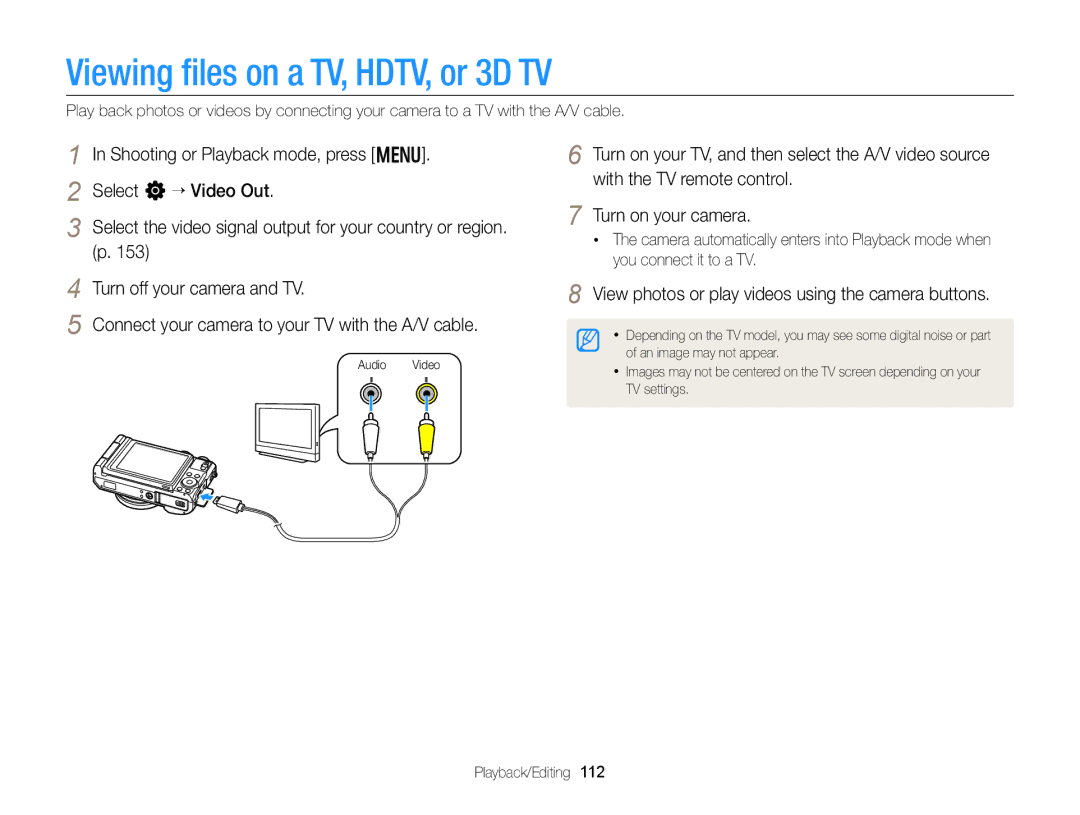 Samsung EC-EX2FZZBPBUS appendix Viewing ﬁles on a TV, HDTV, or 3D TV, View photos or play videos using the camera buttons 