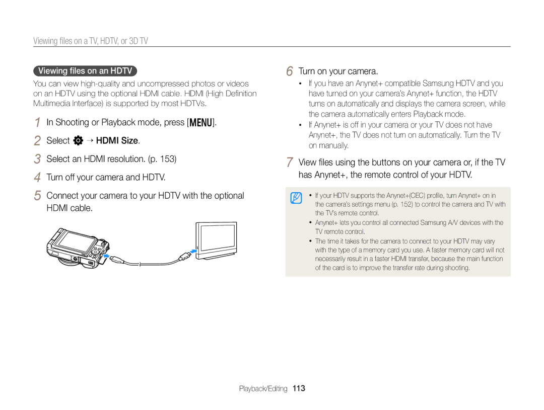 Samsung EC-EX2FZZBPBUS appendix Viewing ﬁles on a TV, HDTV, or 3D TV, Viewing ﬁles on an Hdtv 