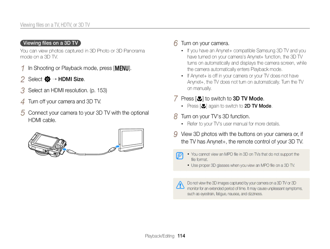 Samsung EC-EX2FZZBPBUS appendix Press c to switch to 3D TV Mode, Turn on your TVs 3D function, Viewing ﬁles on a 3D TV 