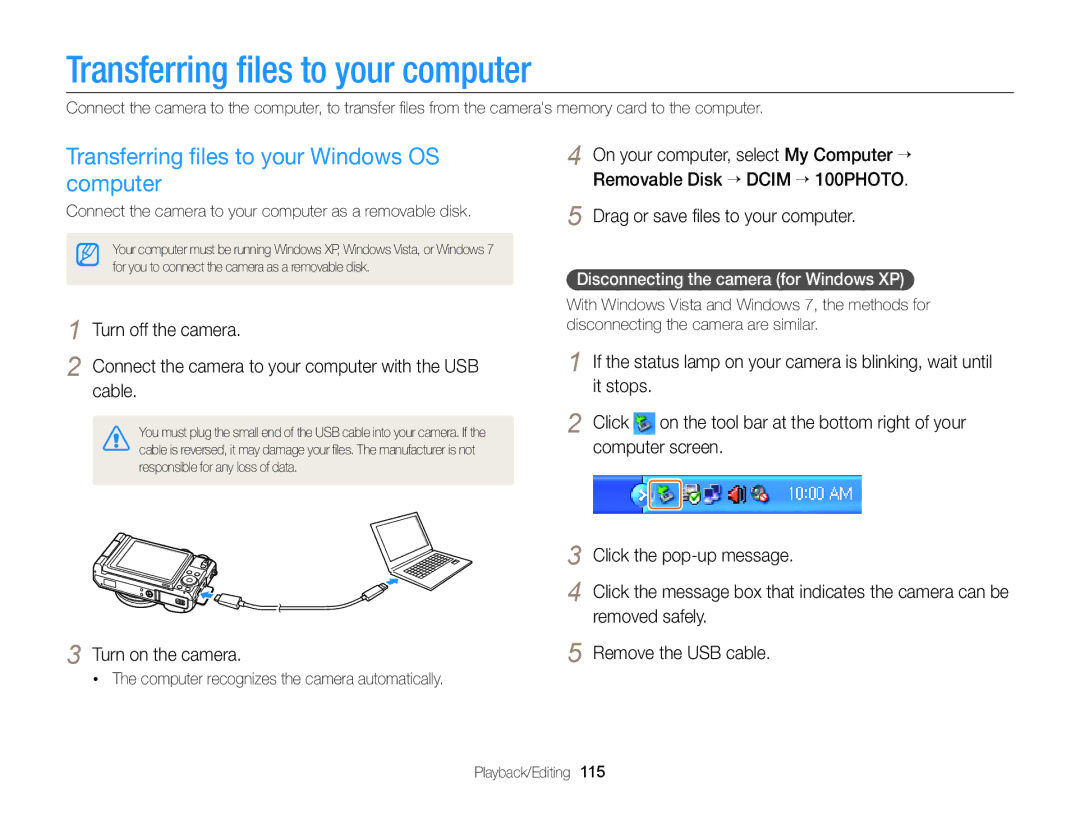 Samsung EC-EX2FZZBPBUS appendix Transferring ﬁles to your computer, Transferring ﬁles to your Windows OS computer 