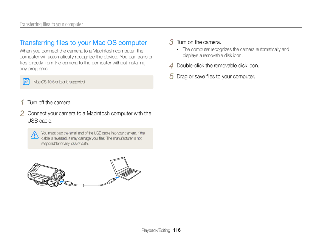 Samsung EC-EX2FZZBPBUS appendix Transferring ﬁles to your Mac OS computer, Transferring ﬁles to your computer 