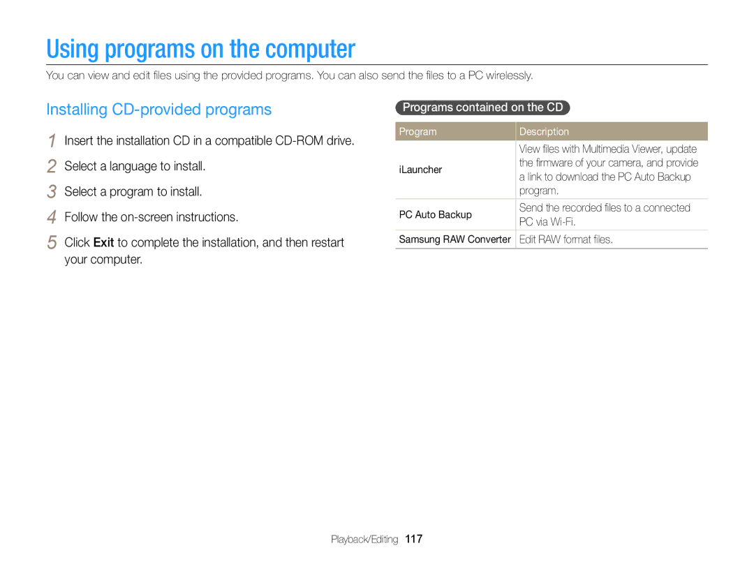 Samsung EC-EX2FZZBPBUS Using programs on the computer, Installing CD-provided programs, Programs contained on the CD 