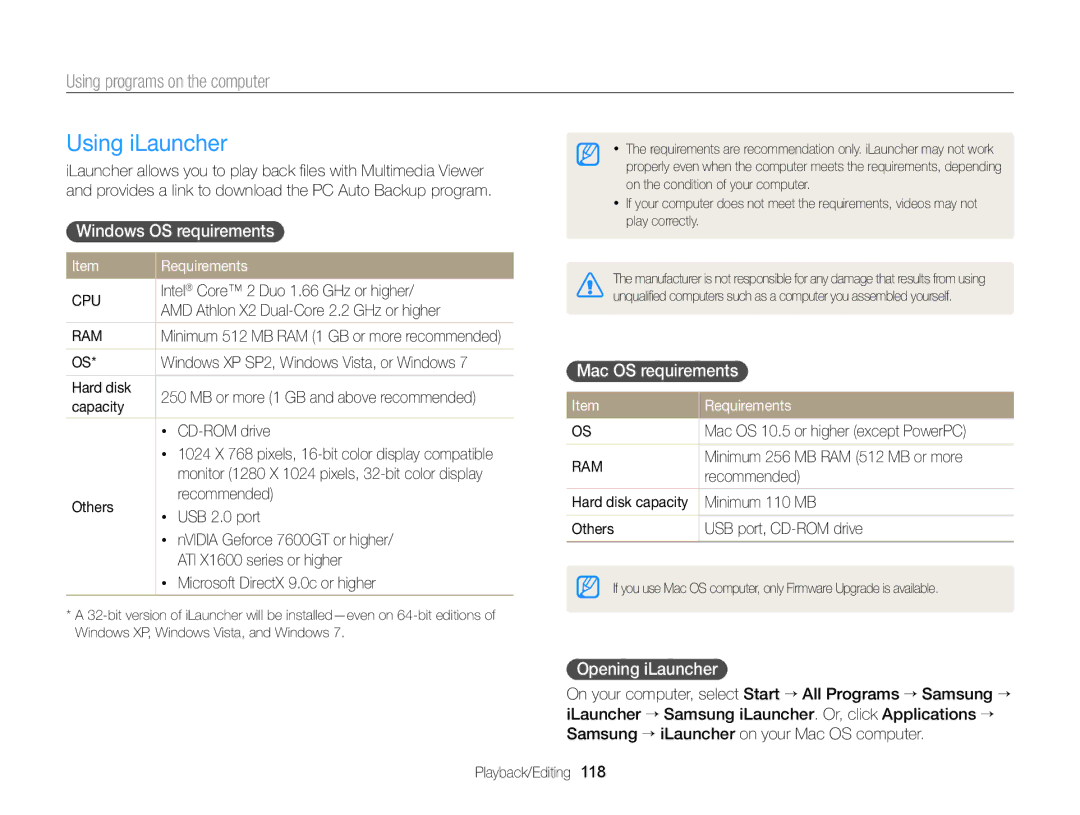 Samsung EC-EX2FZZBPBUS Using iLauncher, Using programs on the computer, Windows OS requirements, Mac OS requirements 