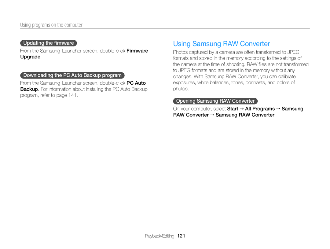 Samsung EC-EX2FZZBPBUS Using Samsung RAW Converter, Updating the ﬁrmware, Downloading the PC Auto Backup program 