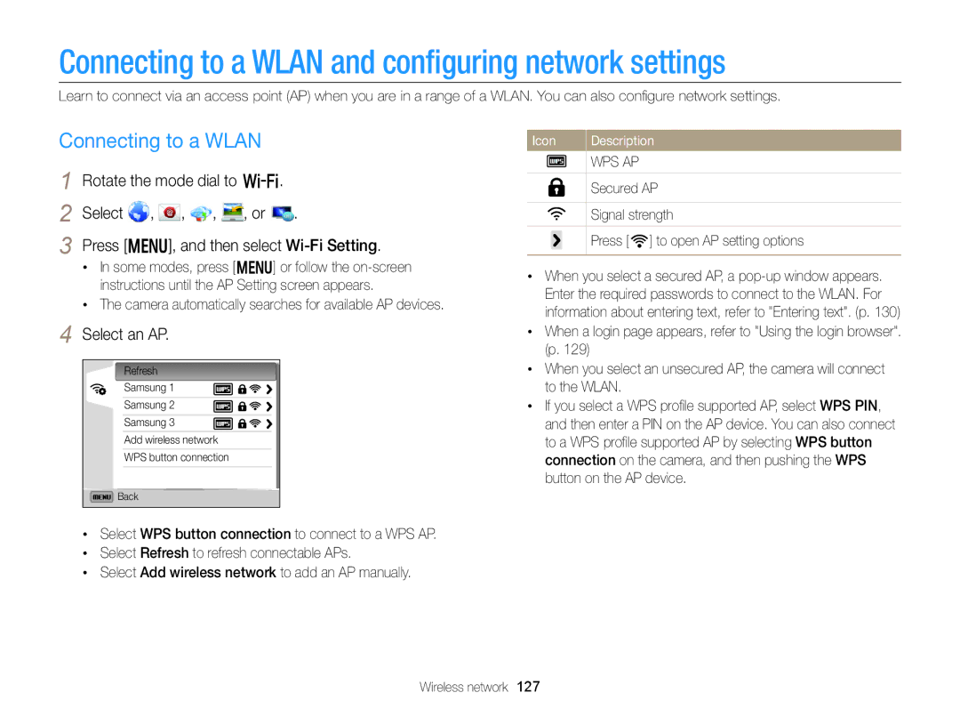 Samsung EC-EX2FZZBPBUS appendix Connecting to a Wlan and conﬁguring network settings, Select an AP 