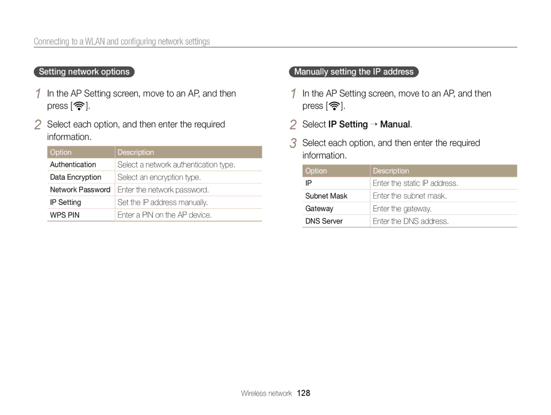 Samsung EC-EX2FZZBPBUS Connecting to a Wlan and conﬁguring network settings, AP Setting screen, move to an AP, and then 