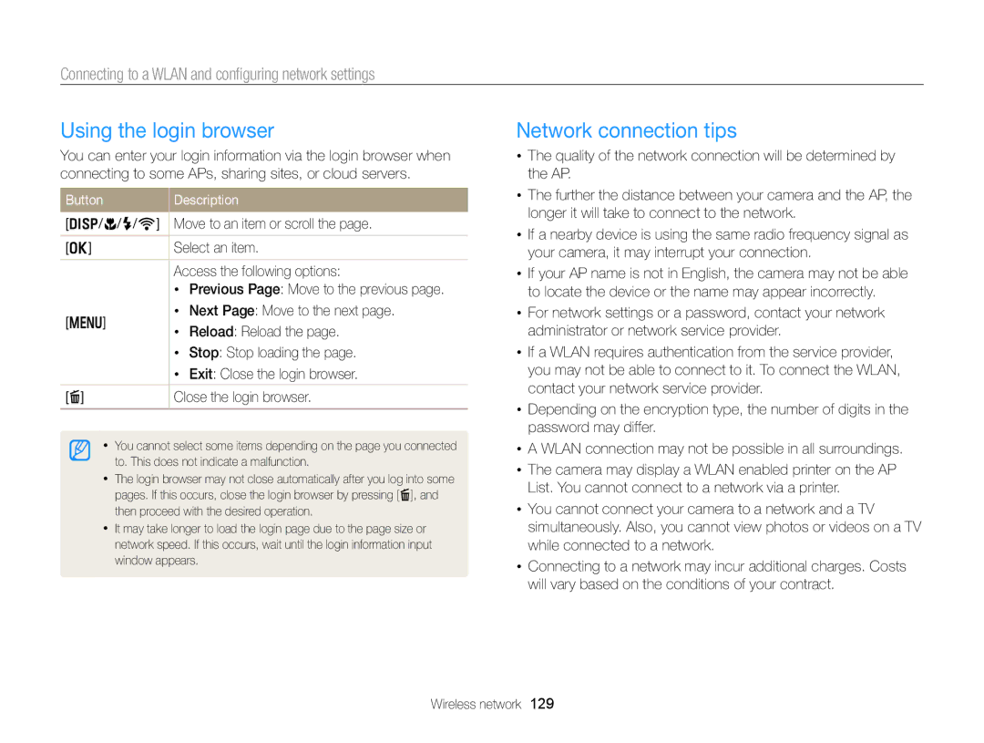 Samsung EC-EX2FZZBPBUS appendix Using the login browser, Network connection tips, Button 