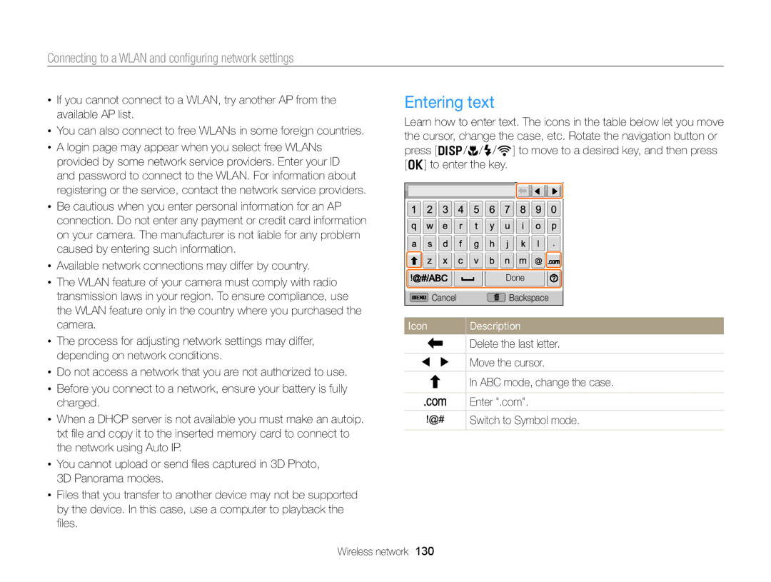 Samsung EC-EX2FZZBPBUS appendix Entering text, Icon Description 