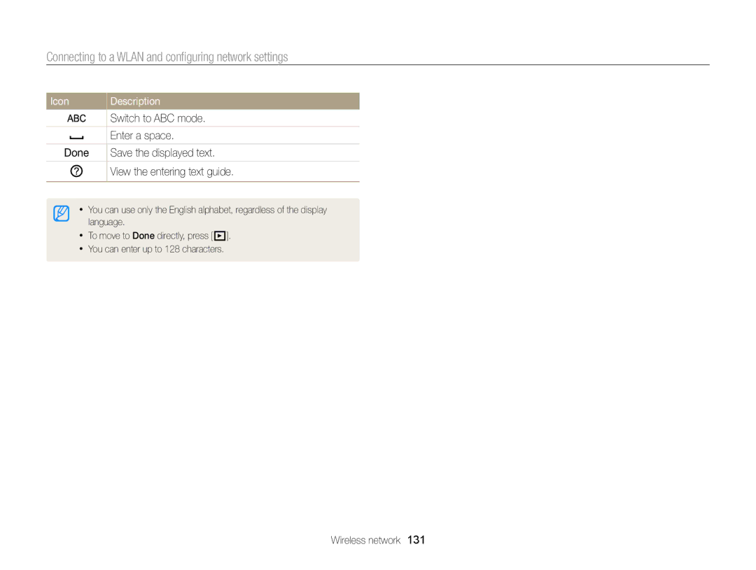 Samsung EC-EX2FZZBPBUS Switch to ABC mode, Enter a space, Done Save the displayed text View the entering text guide 