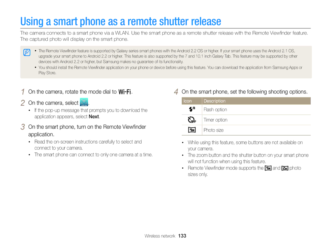 Samsung EX2F Using a smart phone as a remote shutter release, On the smart phone, set the following shooting options 