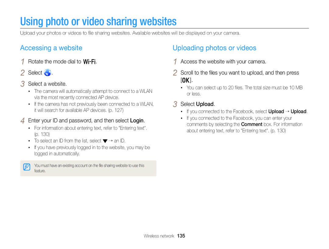 Samsung EC-EX2FZZBPBUS appendix Using photo or video sharing websites, Accessing a website, Uploading photos or videos 