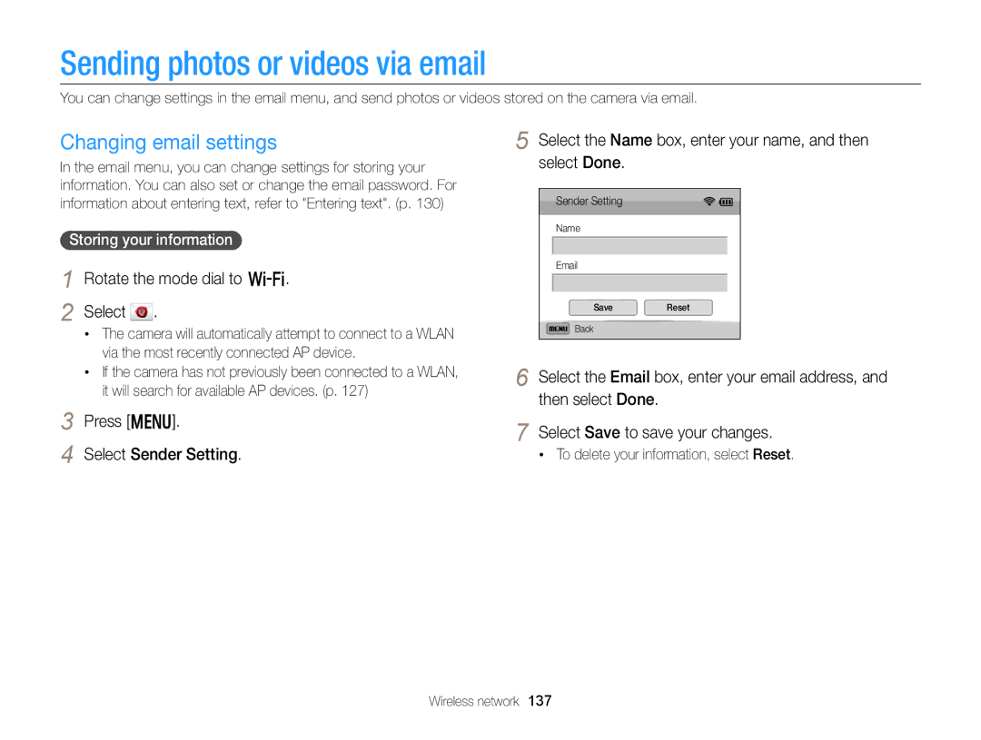 Samsung EC-EX2FZZBPBUS Sending photos or videos via email, Changing email settings, Rotate the mode dial to w Select 