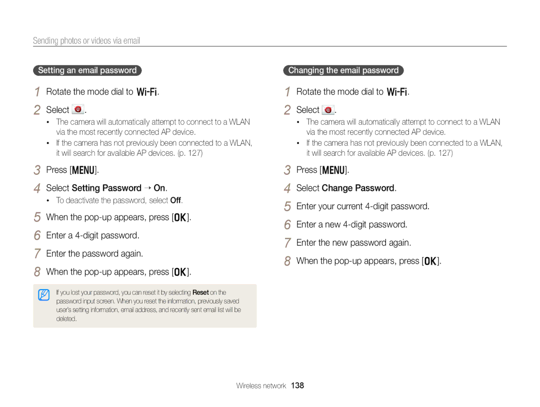 Samsung EC-EX2FZZBPBUS Sending photos or videos via email, Press m Select Setting Password “ On, Setting an email password 