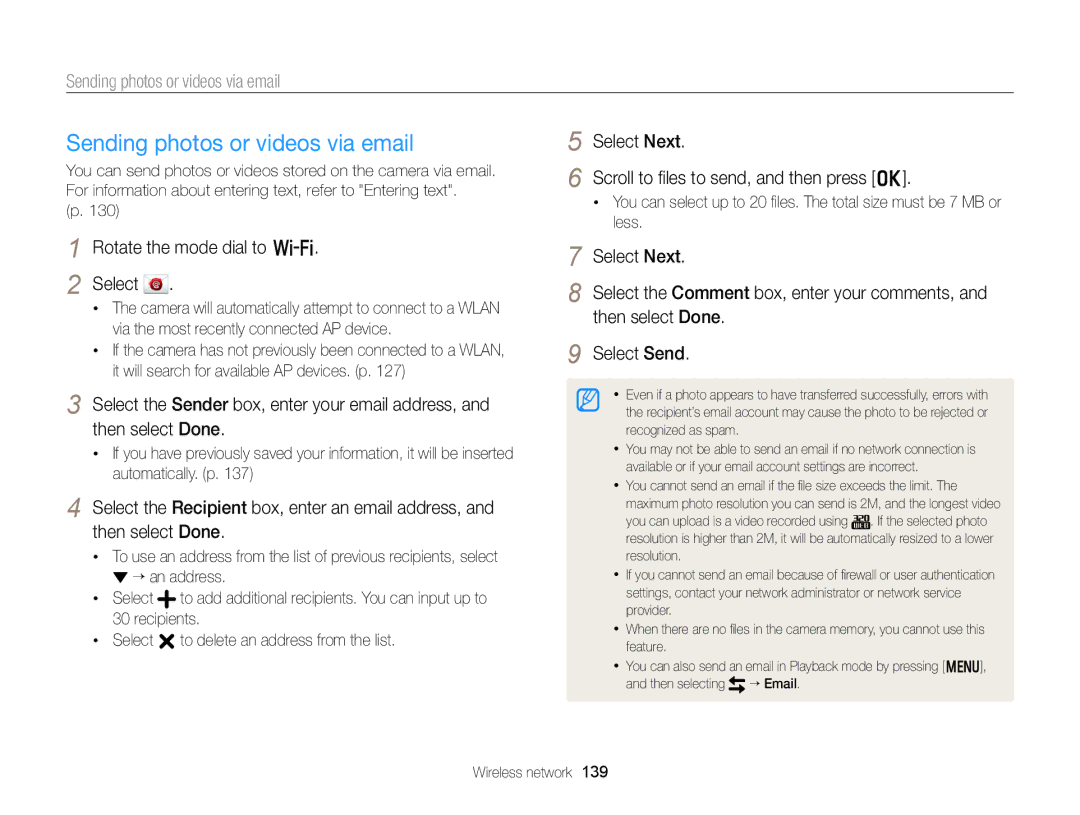 Samsung EC-EX2FZZBPBUS appendix Sending photos or videos via email, Select Next Scroll to ﬁles to send, and then press o 