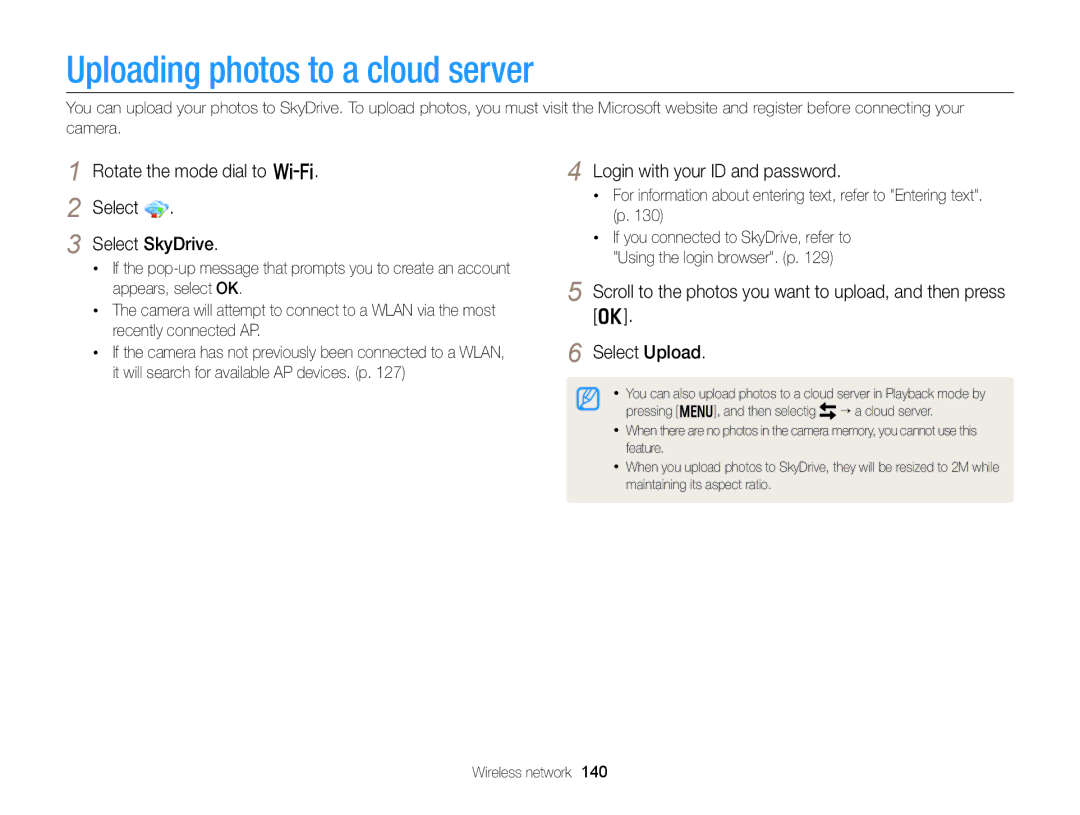 Samsung EC-EX2FZZBPBUS appendix Uploading photos to a cloud server, Rotate the mode dial to w Select Select SkyDrive 