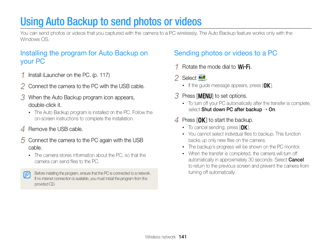 Samsung EC-EX2FZZBPBUS Using Auto Backup to send photos or videos, Installing the program for Auto Backup on your PC 