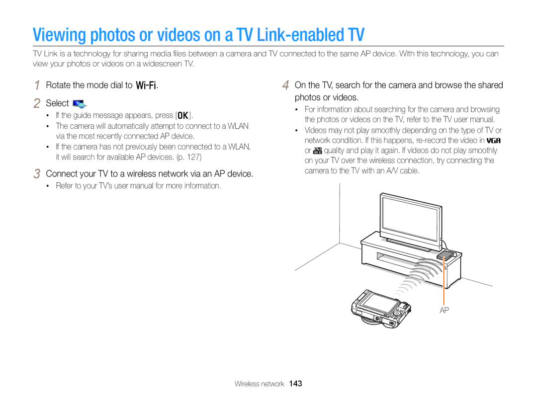 Samsung EX2F Viewing photos or videos on a TV Link-enabled TV, Connect your TV to a wireless network via an AP device 