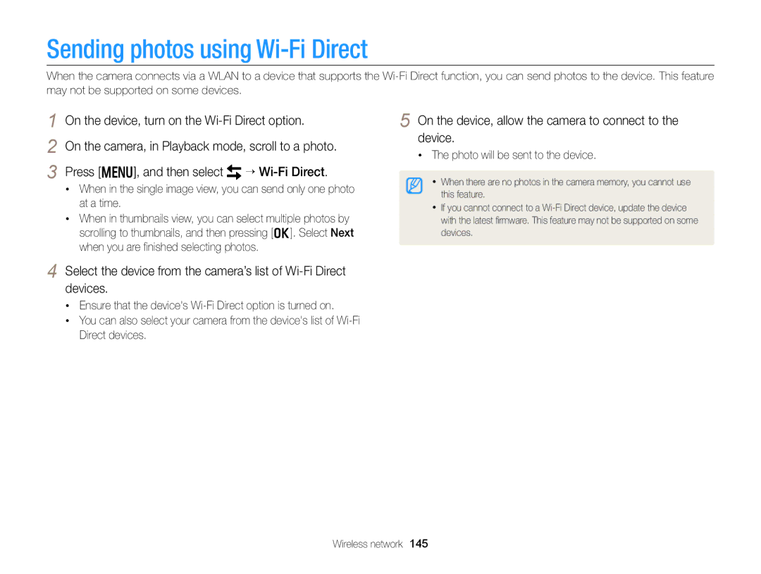 Samsung EX2F Sending photos using Wi-Fi Direct, On the device, turn on the Wi-Fi Direct option, Press m, and then select 