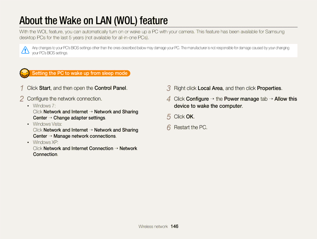 Samsung EC-EX2FZZBPBUS appendix About the Wake on LAN WOL feature, Setting the PC to wake up from sleep mode 