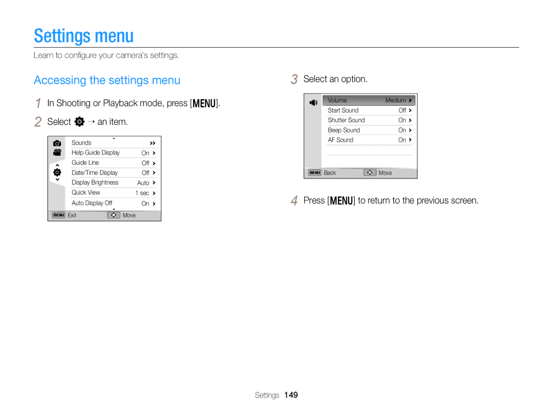 Samsung EX2F appendix Settings menu, Accessing the settings menu, Shooting or Playback mode, press m Select n “ an item 