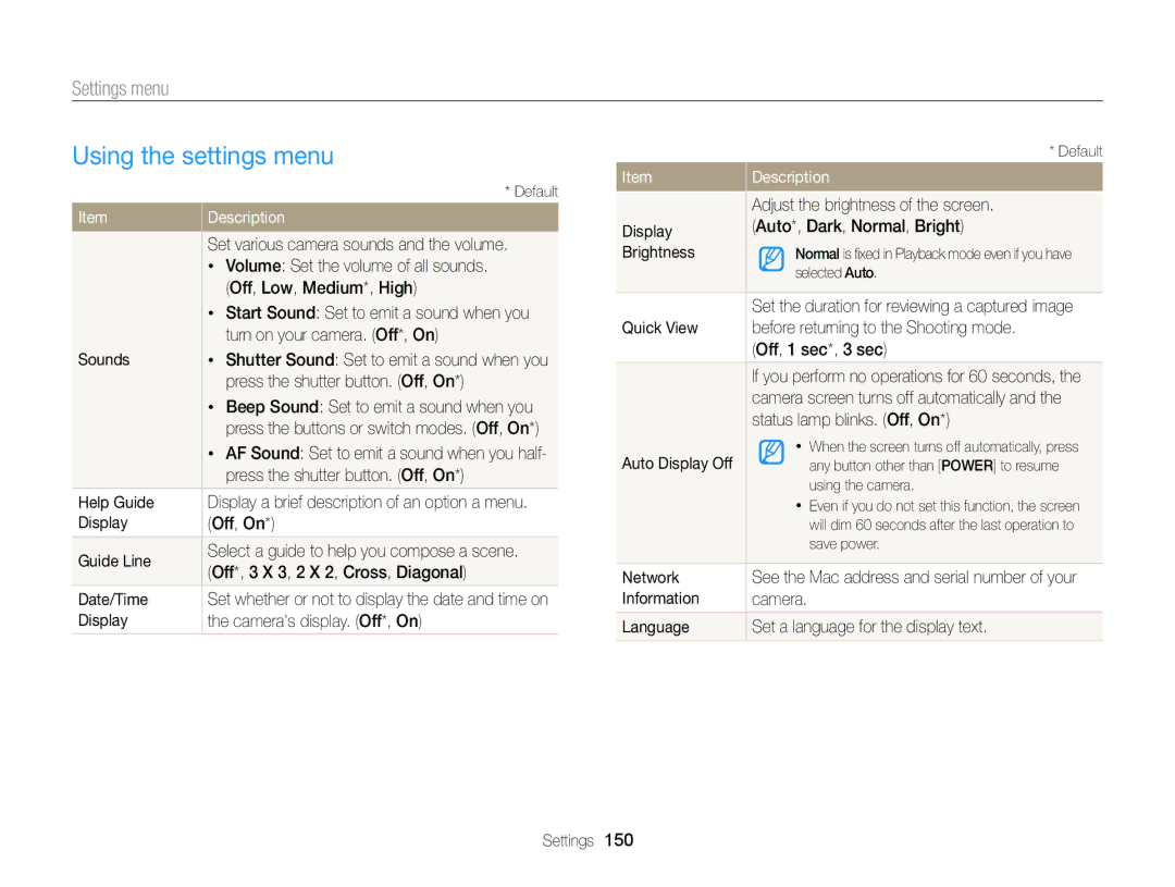 Samsung EC-EX2FZZBPBUS appendix Using the settings menu, Settings menu 