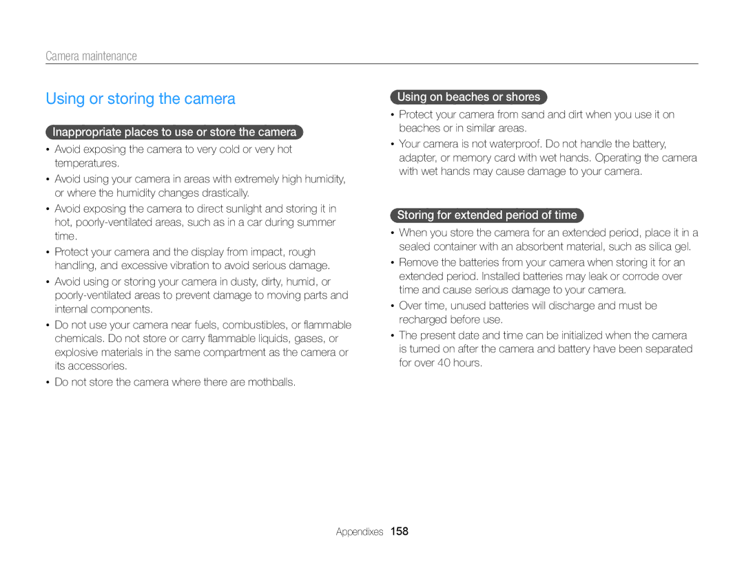 Samsung EC-EX2FZZBPBUS Using or storing the camera, Camera maintenance, Inappropriate places to use or store the camera 