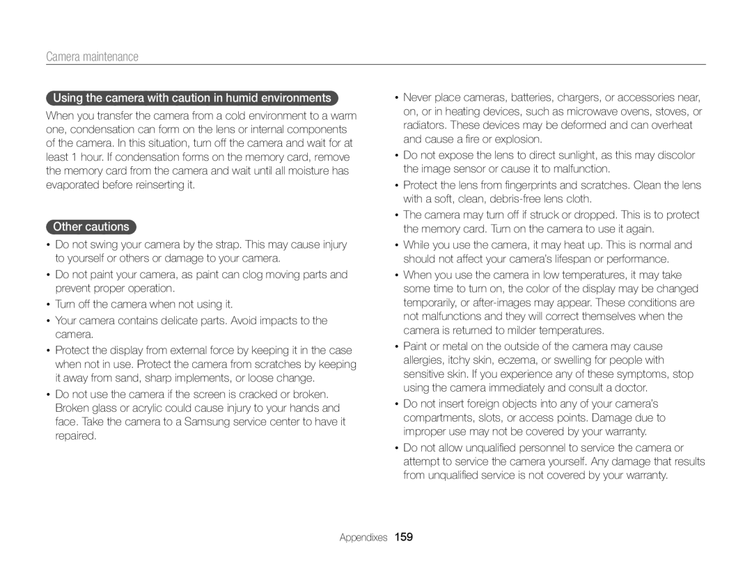 Samsung EC-EX2FZZBPBUS appendix Using the camera with caution in humid environments, Other cautions 